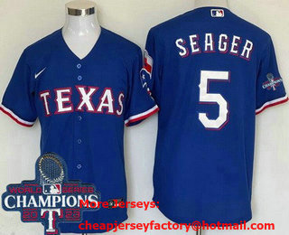 Men's Texas Rangers #5 Corey Seager Royal Team Logo 2023 World Series Champions Cool Base Jersey