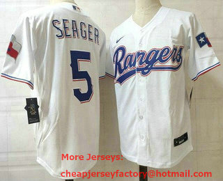 Men's Texas Rangers #5 Corey Seager White Team Logo Stitched Cool Base Nike Jersey