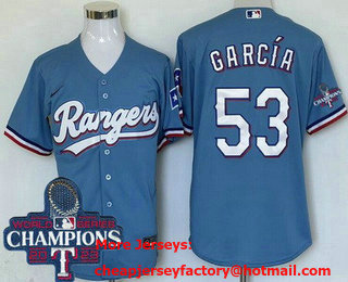 Men's Texas Rangers #53 Adolis Garcia Light Blue Team Logo 2023 World Series Champions Cool Base Jersey