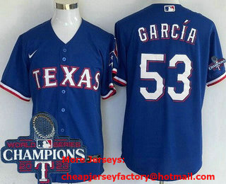 Men's Texas Rangers #53 Adolis Garcia Royal Team Logo 2023 World Series Champions Cool Base Jersey