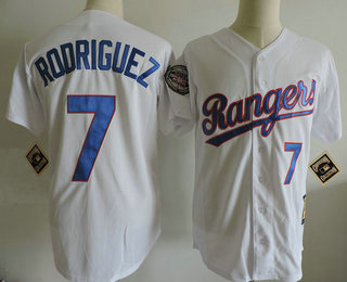 Men's Texas Rangers #7 Ivan Rodriguez 1993 White Throwback Stitched MLB Cooperstown Jersey With 2017 Hall Of Fame Patch