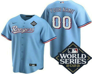 Men's Texas Rangers Customized Light Blue 2023 World Series Cool Base Jersey