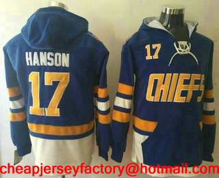 Men's The Movie Hanson Brothers Charlestown Chiefs #17 Steve Hanson Blue Pocket Stitched Old Time Hockey Hoodie