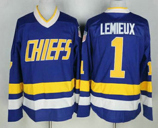 Men's The Movie Slap Shot Charlestown Chiefs #1 Denis Lemieux Blue Away Stitched Hockey Jersey