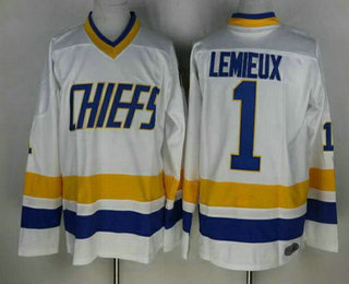 Men's The Movie Slap Shot Charlestown Chiefs #1 Denis Lemieux White Home Stitched Hockey Jersey