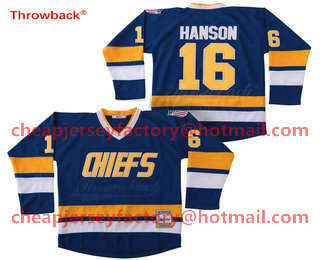 Men's The Movie Slap Shot Charlestown Chiefs #16 Jack Hanson Blue Away Stitched Film Ice Hockey Jersey
