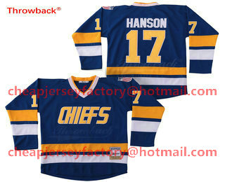 Men's The Movie Slap Shot Charlestown Chiefs #17 Steve Hanson Blue Away Stitched Film Ice Hockey Jersey