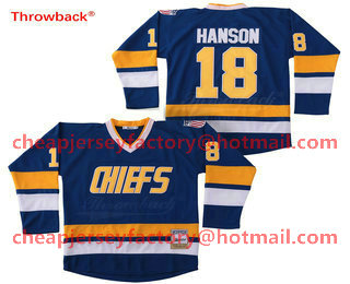 Men's The Movie Slap Shot Charlestown Chiefs #18 Jeff Hanson Blue Away Stitched Film Ice Hockey Jersey