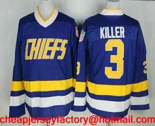 Men's The Movie Slap Shot Charlestown Chiefs #3 Dave Killer Carlson Blue Away Stitched Hockey Jersey