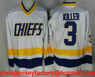 Men's The Movie Slap Shot Charlestown Chiefs #3 Dave Killer Carlson White Home Stitched Hockey Jersey