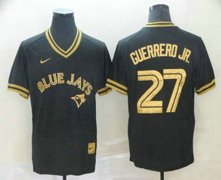 Men's Toronto Blue Jays #27 Vladimir Guerrero Jr. Black Gold Nike Cooperstown Legend V Neck Jersey