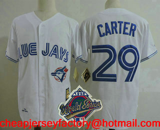Men's Toronto Blue Jays #29 Joe Carter White 1993 World Series Patch Throwback Cooperstown Collection Stitched MLB Mitchell & Ness Jersey