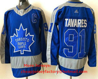 Men's Toronto Maple Leafs #91 John Tavares Blue 2021 Reverse Retro Authentic Jersey