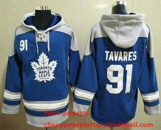 Men's Toronto Maple Leafs #91 John Tavares Blue Ageless Must Have Lace Up Pullover Hoodie