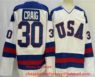 Men's USA #30 Jim Craig White 1980 Olympics Stitched Jersey