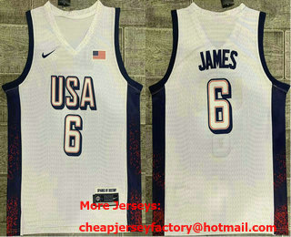 Men's USA #6 LeBron James White 2024 Olympics Stitched Jersey