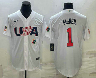 Men's USA Baseball #1 Jeff McNeil 2023 White World Classic Stitched Jersey 01