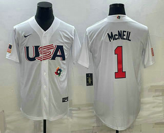 Men's USA Baseball #1 Jeff McNeil 2023 White World Classic Stitched Jersey 02