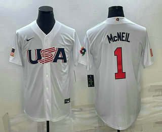 Men's USA Baseball #1 Jeff McNeil 2023 White World Classic Stitched Jersey 03