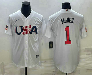 Men's USA Baseball #1 Jeff McNeil 2023 White World Classic Stitched Jersey 04