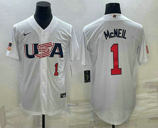 Men's USA Baseball #1 Jeff McNeil Number 2023 White World Classic Stitched Jersey 01