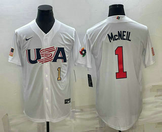 Men's USA Baseball #1 Jeff McNeil Number 2023 White World Classic Stitched Jersey 02