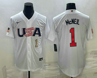 Men's USA Baseball #1 Jeff McNeil Number 2023 White World Classic Stitched Jersey 03