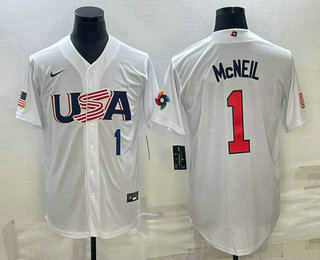 Men's USA Baseball #1 Jeff McNeil Number 2023 White World Classic Stitched Jersey 04