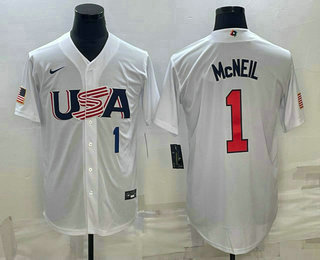 Men's USA Baseball #1 Jeff McNeil Number 2023 White World Classic Stitched Jersey 05