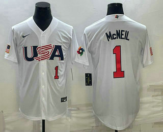 Men's USA Baseball #1 Jeff McNeil Number 2023 White World Classic Stitched Jersey 06