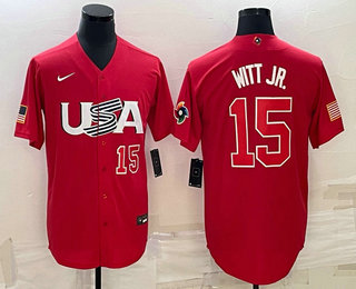 Men's USA Baseball #15 Bobby Witt Jr Number 2023 Red World Baseball Classic Stitched Jersey 01