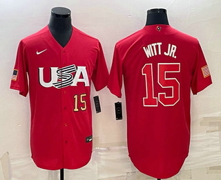 Men's USA Baseball #15 Bobby Witt Jr Number 2023 Red World Baseball Classic Stitched Jersey 02