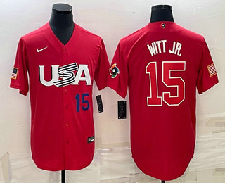 Men's USA Baseball #15 Bobby Witt Jr Number 2023 Red World Baseball Classic Stitched Jersey 03
