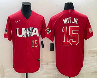 Men's USA Baseball #15 Bobby Witt Jr Number 2023 Red World Baseball Classic Stitched Jersey 04