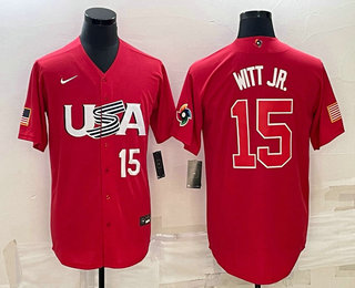 Men's USA Baseball #15 Bobby Witt Jr Number 2023 Red World Baseball Classic Stitched Jersey 05