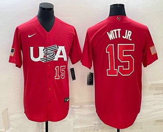 Men's USA Baseball #15 Bobby Witt Jr Number 2023 Red World Baseball Classic Stitched Jersey 06