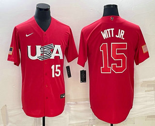 Men's USA Baseball #15 Bobby Witt Jr Number 2023 Red World Baseball Classic Stitched Jersey 07