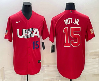 Men's USA Baseball #15 Bobby Witt Jr Number 2023 Red World Baseball Classic Stitched Jersey 08