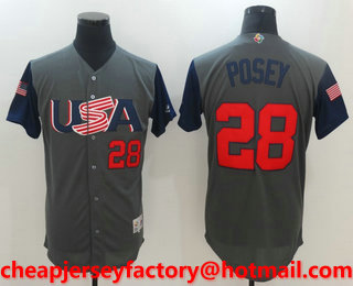 Men's USA Baseball #28 Buster Posey Gray 2017 World Baseball Classic Stitched Authentic Jersey