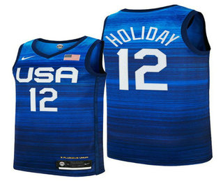 Men's USA Basketball #12 Jrue Holiday 2021 Blue Tokyo Olympics Stitched Away Jersey
