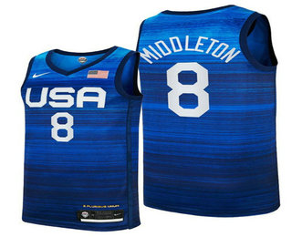 Men's USA Basketball #8 Khris Middleton 2021 Blue Tokyo Olympics Stitched Away Jersey