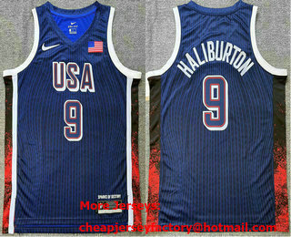 Men's USA Basketball #9 Tyrese Haliburton Blue 2024 Swingman Heat Press Jersey
