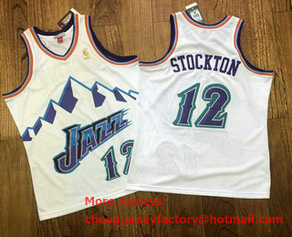 Men's Utah Jazz #12 John Stockton Mountain White 1996-97 Hardwood Classics Soul AU Throwback Jersey