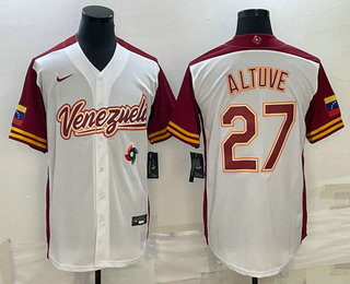 Men's Venezuela Baseball #27 Jose Altuve 2023 White World Baseball Classic Stitched Jersey 02