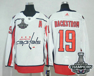 Men's Washington Capitals #19 Nicklas Backstrom White Stitched NHL Away Jersey with 2018 Stanley Cup Champions Patch