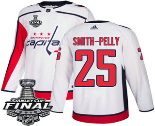 Men's Washington Capitals #25 Devante Smith-Pelly White Stitched NHL Away with 2018 Stanley Cup Final Patch Jersey