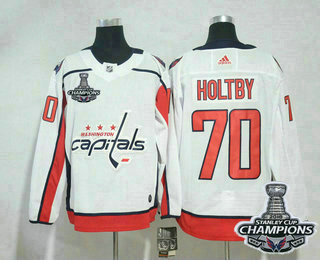 Men's Washington Capitals #70 Braden Holtby White Stitched NHL Away Jersey with 2018 Stanley Cup Champions Patch