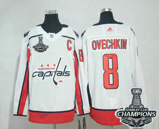 Men's Washington Capitals #8 Alex Ovechkin White Stitched NHL Away Jersey with 2018 Stanley Cup Champions Patch