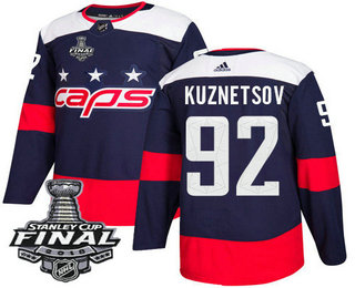 Men's Washington Capitals #92 Evgeny Kuznetsov Navy Blue Stitched NHL Stadium Series with 2018 Stanley Cup Final Patch Jersey