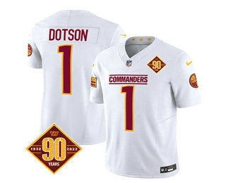 Men's Washington Commanders #1 Jahan Dotson White 2023 FUSE 90th Anniversary Vapor Limited Stitched Jersey